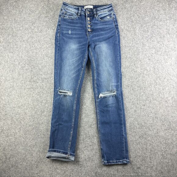 Vervet Blue Distressed Jeans Womens 27 Button Fly Slim Ankle Medium Wash Stretch - Picture 1 of 13